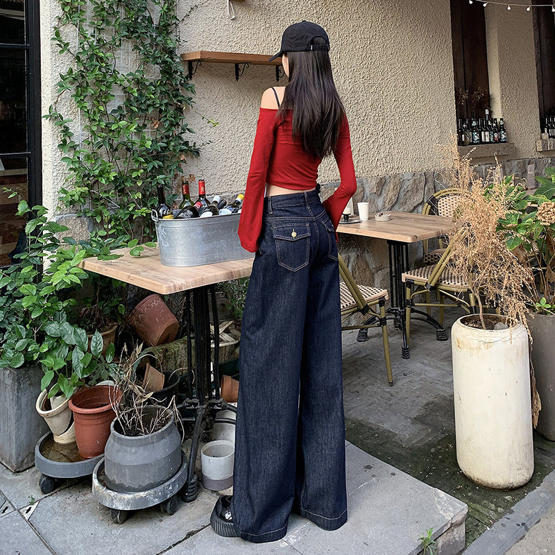 High Waist Dark Blue Wide Leg Denim Jeans for Women