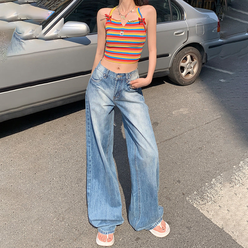 American Retro High Waist Wide Leg Denim Jeans for Women