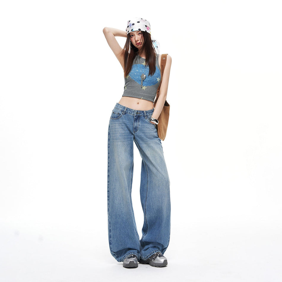 American Retro Low Waist Wide Leg Denim Jeans for Women