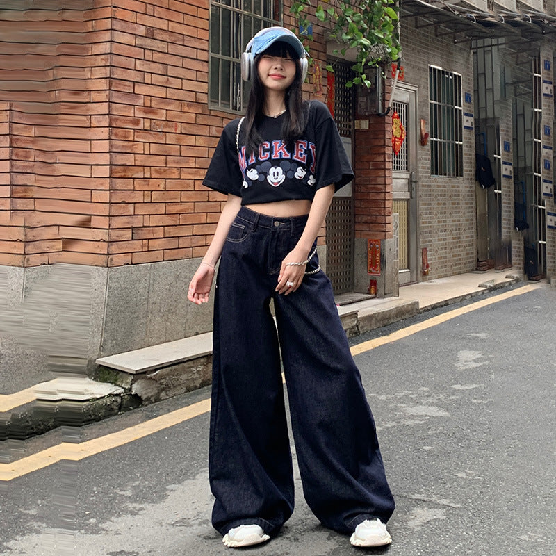 Dark Blue High Waist Wide Leg Denim Jeans for Women