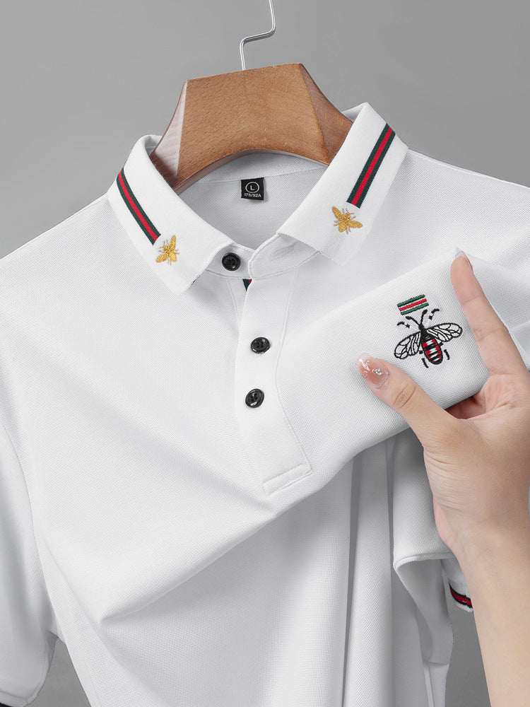 Men's Bee Embroidered Cotton Polo Shirt Short Sleeve Top in White