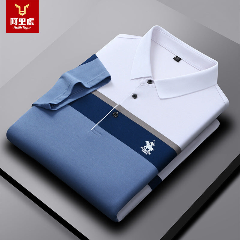 Men's Embroidered Striped Cotton Polo Shirt Short Sleeve Top in White