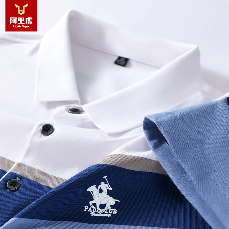 Men's Embroidered Striped Cotton Polo Shirt Short Sleeve Top
