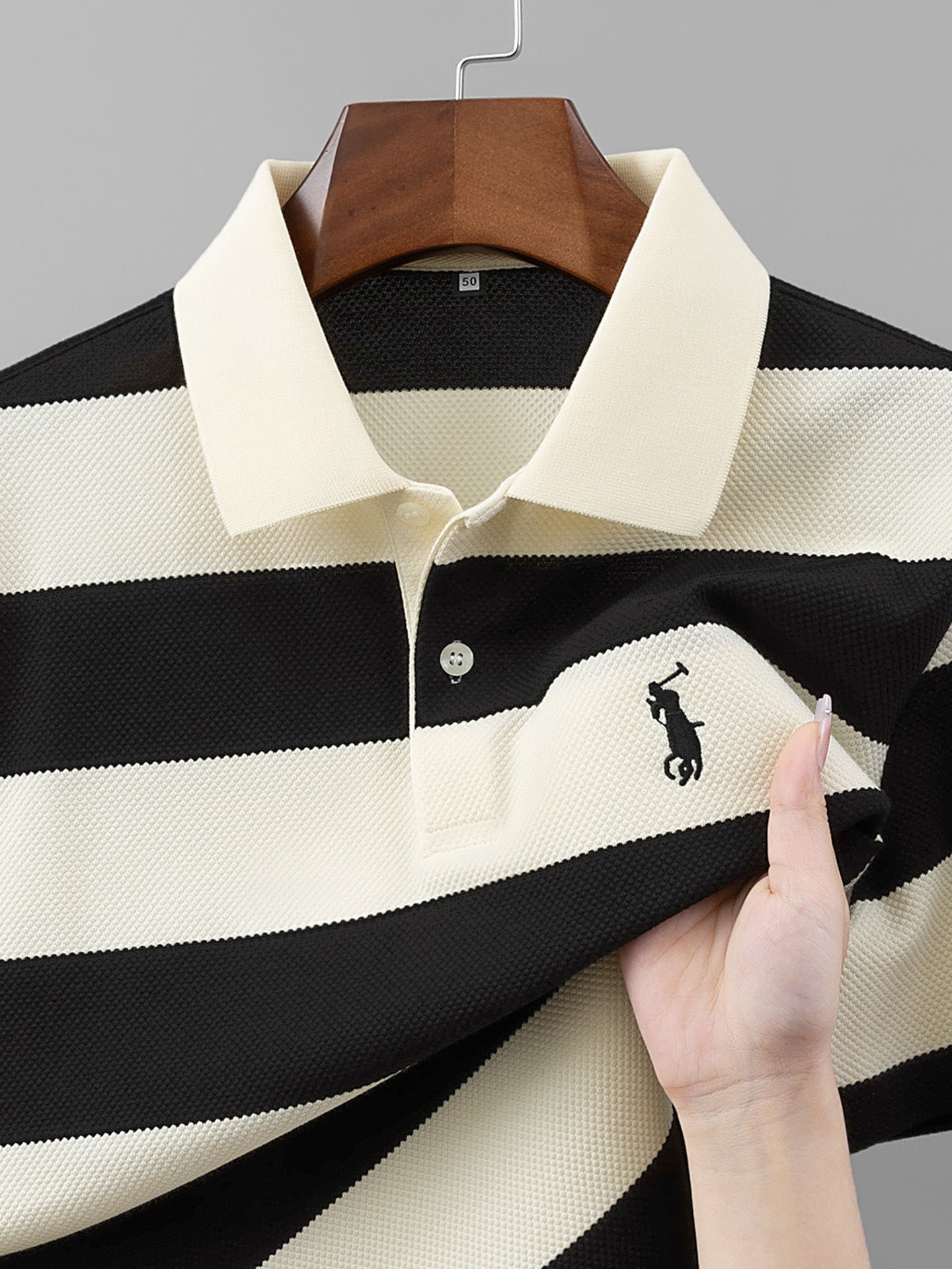 Men's Yarn-Dyed Striped Cotton Polo Shirt Short Sleeve Top in Black
