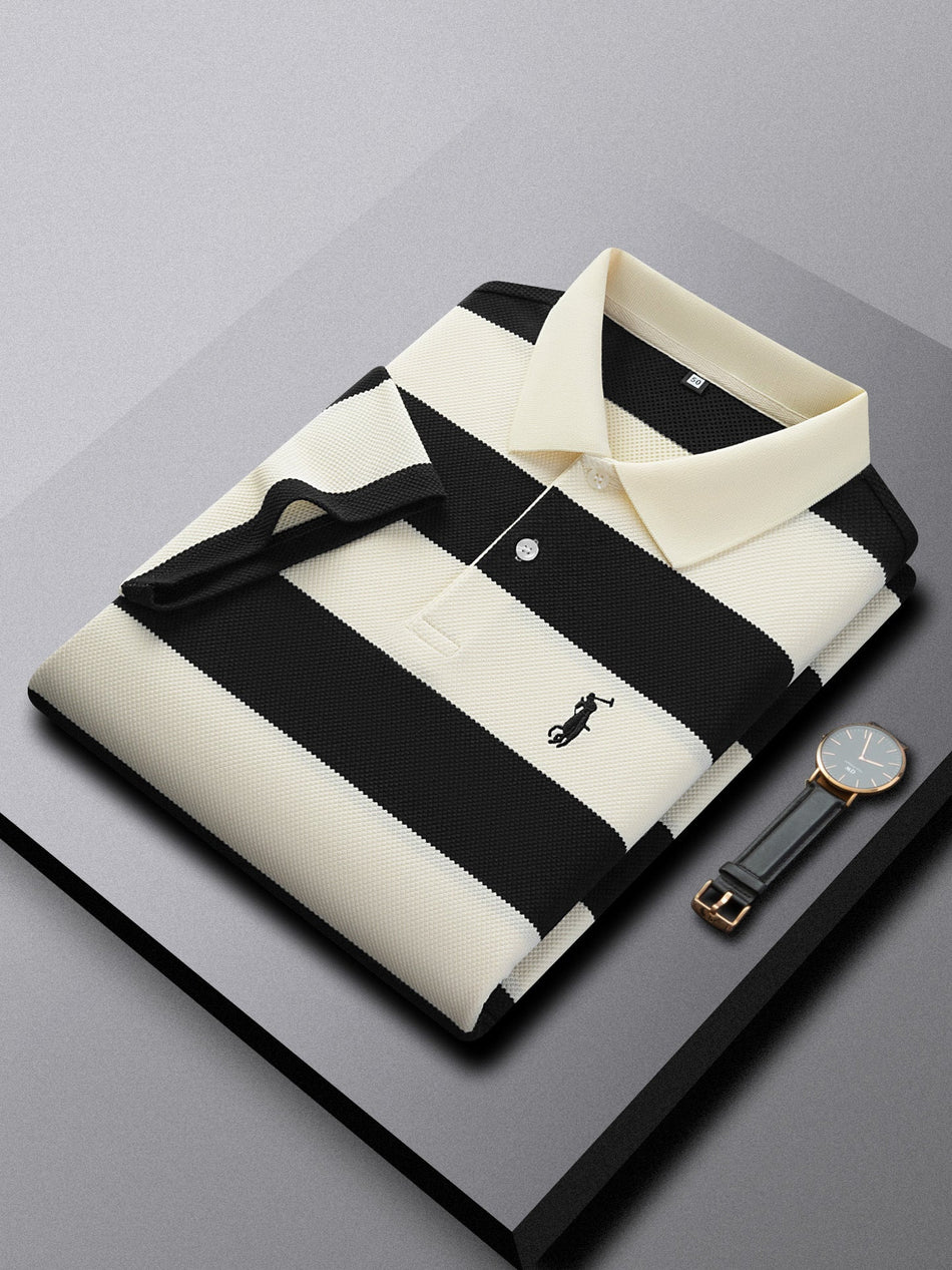 Men's Yarn-Dyed Striped Cotton Polo Shirt Short Sleeve Top