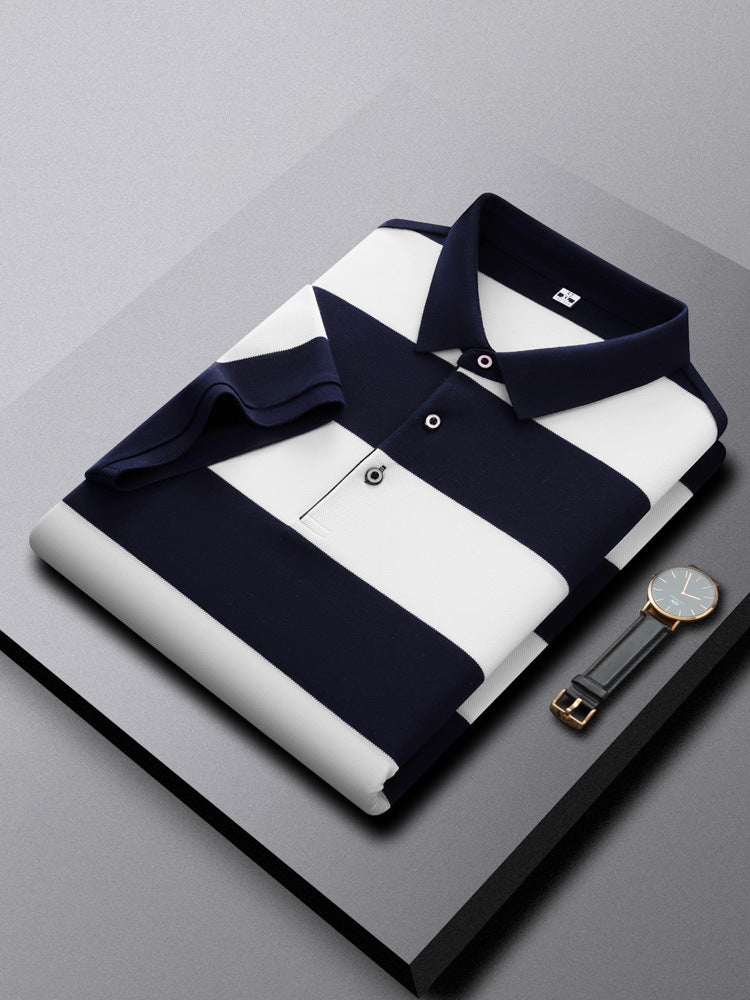 Men's Striped Polo Shirt Breathable Short Sleeve Casual Top in White