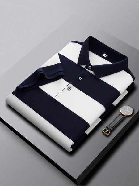 Men's Striped Polo Shirt Breathable Short Sleeve Casual Top in White