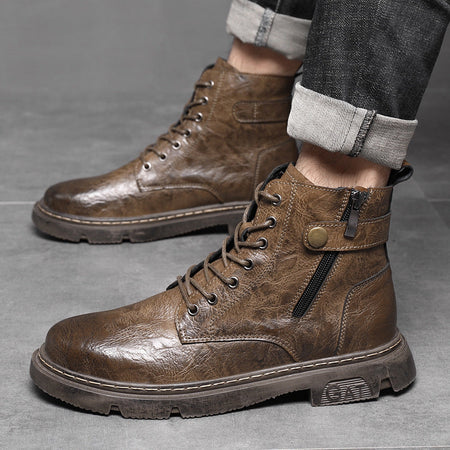 Men’s Leather Mid-Calf Martin Boots Retro Side Zipper Style in Black