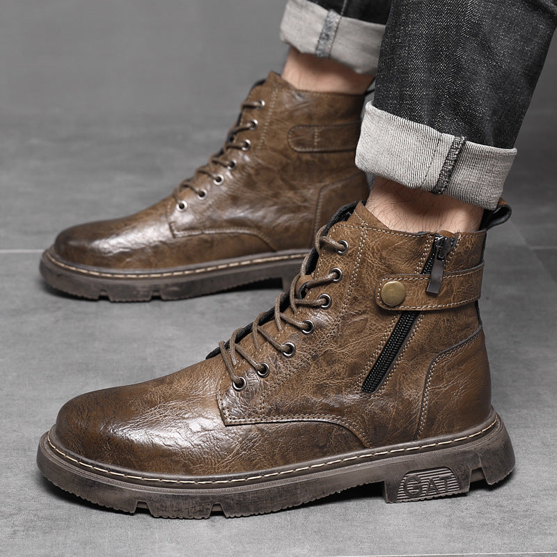 Men’s Leather Mid-Calf Martin Boots Retro Side Zipper Style in Black