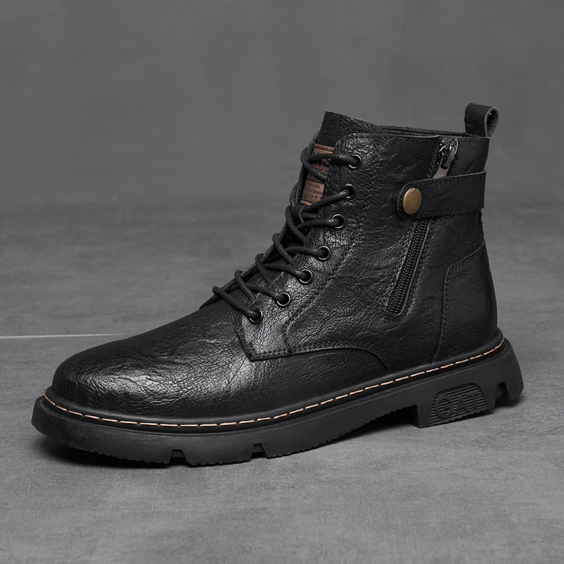 Men’s Leather Mid-Calf Martin Boots Retro Side Zipper Style