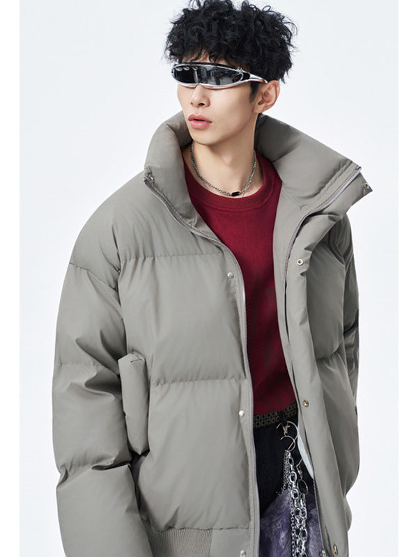 Men's PU Leather Puffer Jacket with Stand Collar in Black