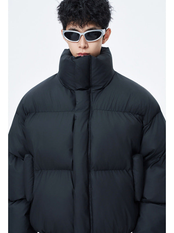 Men's PU Leather Puffer Jacket with Stand Collar