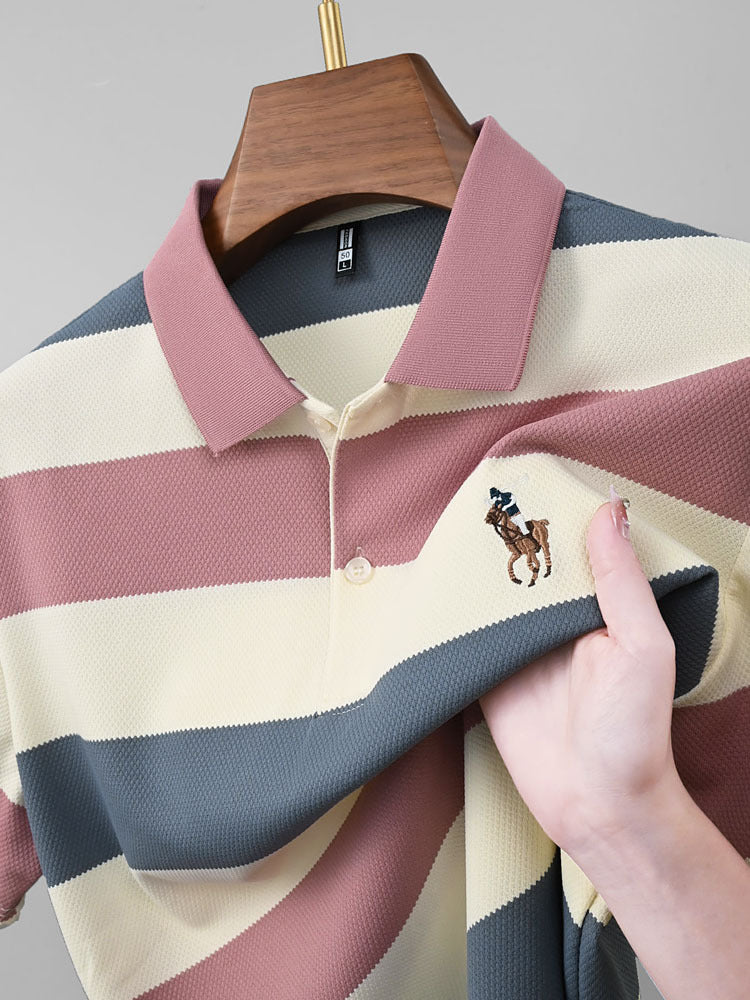 Men's Anti-Wrinkle Striped Polo Shirt Short Sleeve Top in Red