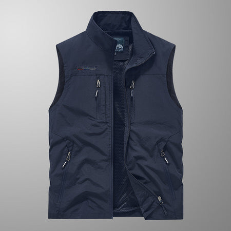 Multi-Pocket Outdoor Utility Vest with Stand Collar in Black
