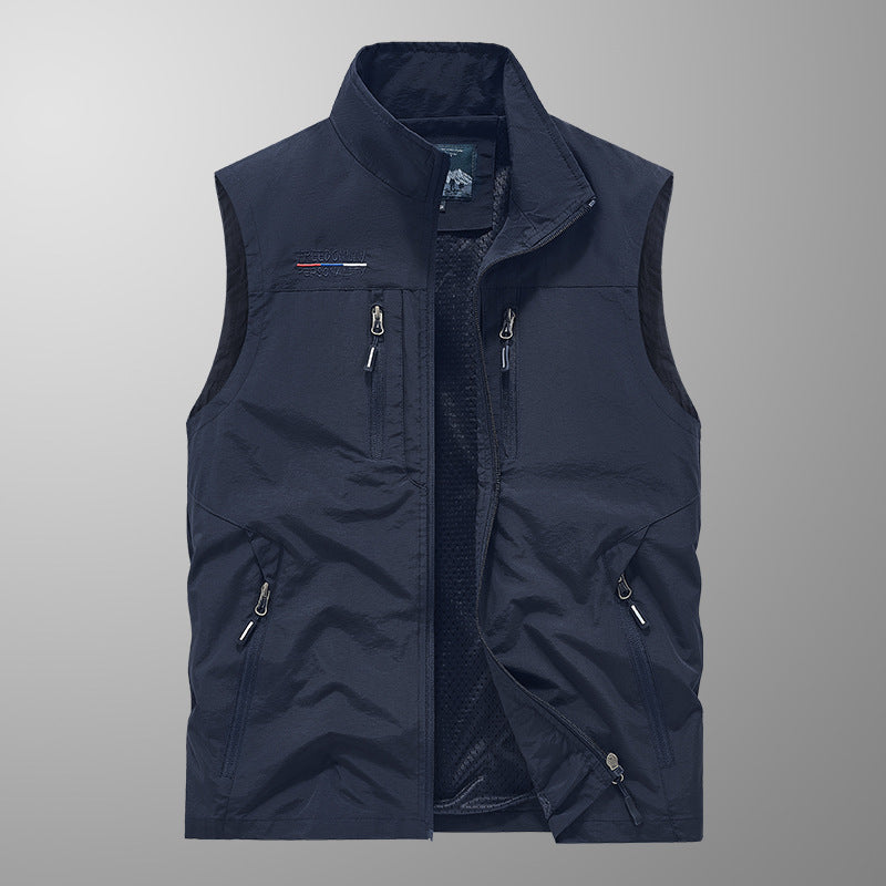 Multi-Pocket Outdoor Utility Vest with Stand Collar in Black