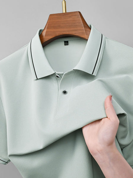 Men's Pique Mesh Polo Shirt Breathable Business Casual Top in Green