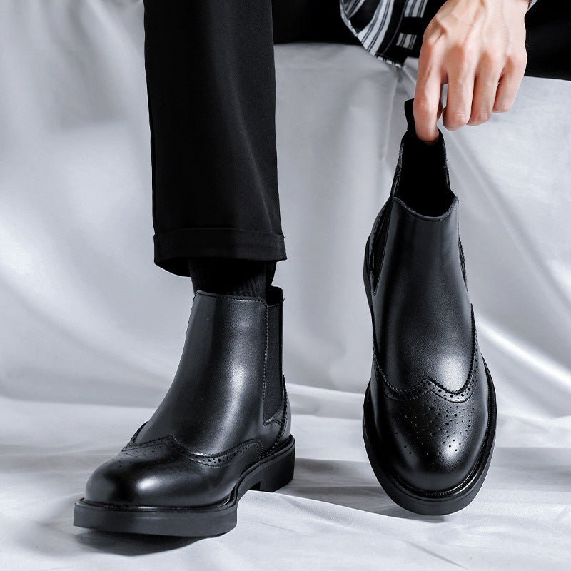 Men's Chelsea Brogue Ankle Boots British Style Leather Look in Black