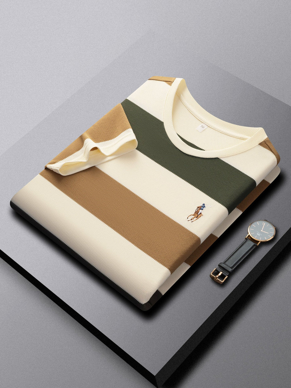 Men's Striped Cotton T-Shirt Breathable Quick-Dry Crew Neck in Khaki
