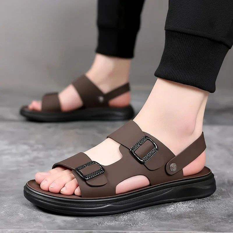 Genuine Leather Men's Sandals Breathable Non-Slip Design in Black + Thickened [] 2558