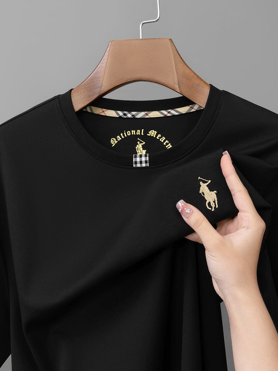 Men's Embroidered Cotton Crew Neck T-Shirt Casual Solid Top in Black