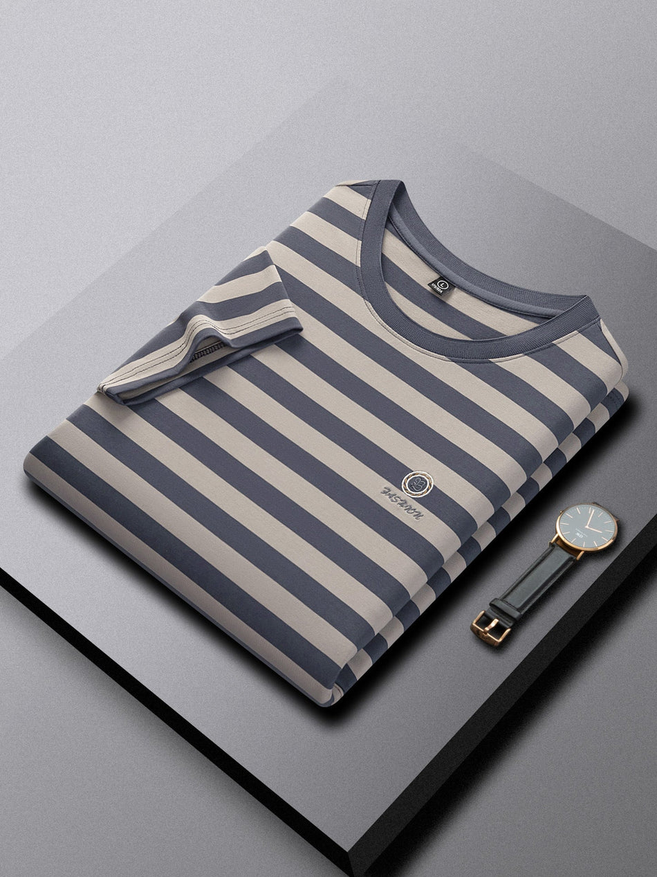 Men's Ice Silk Striped Crew Neck T-Shirt Breathable Casual Top