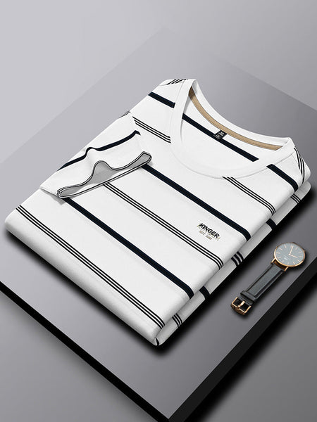 Men's Striped Crew Neck T-Shirt Breathable Casual Summer Top in White