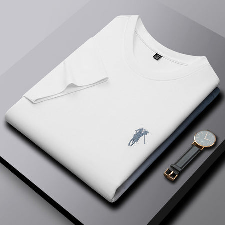 Men's Embroidered Cotton Crew Neck T-Shirt Casual Summer Top in Blue