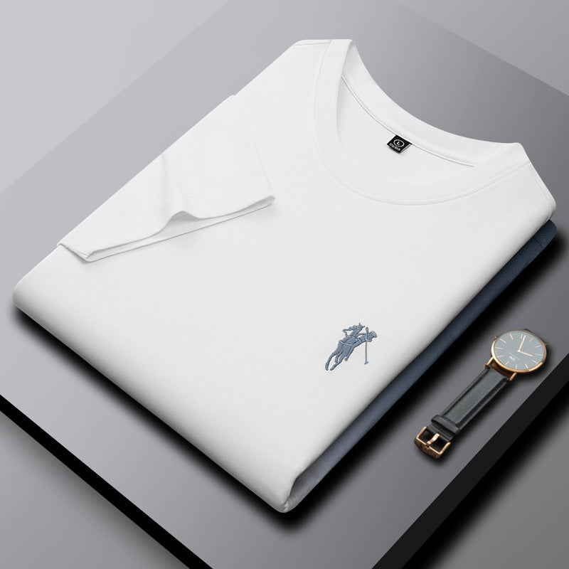 Men's Embroidered Cotton Crew Neck T-Shirt Casual Summer Top in Blue