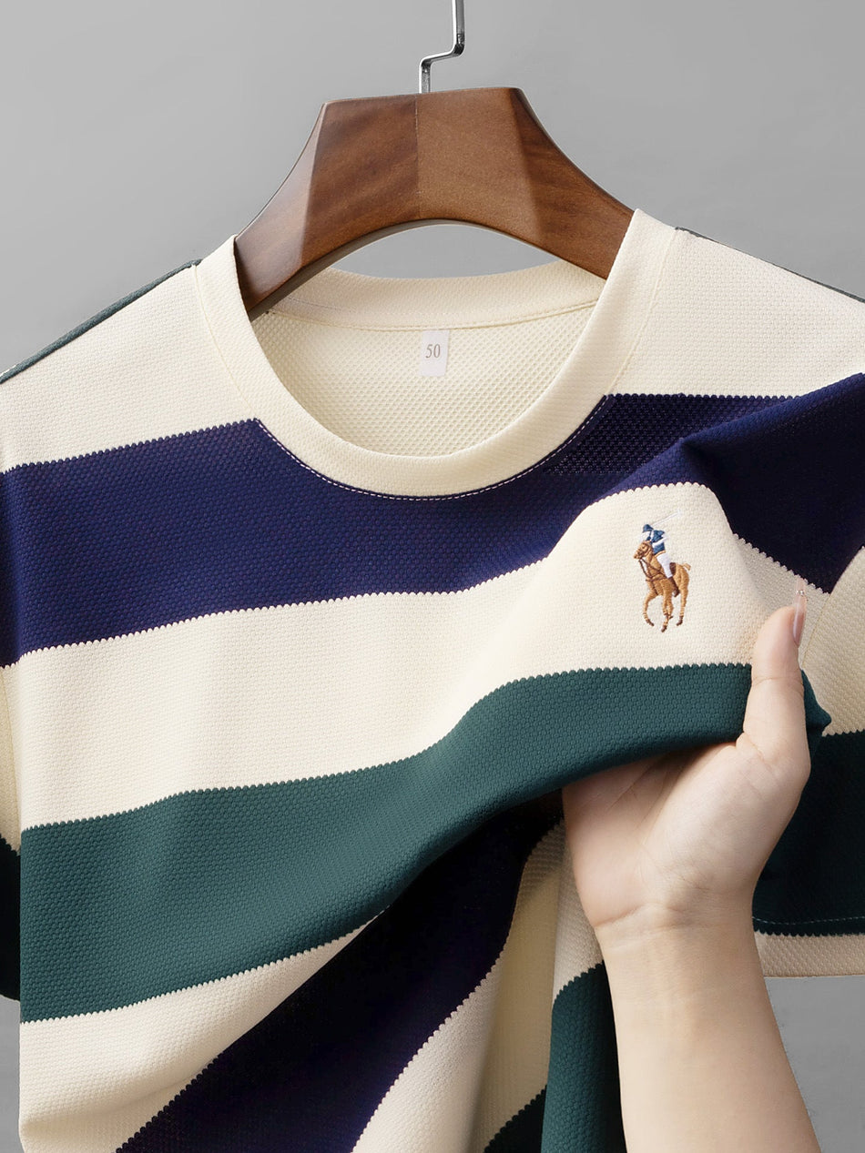 Men's Embroidered Striped Cotton T-Shirt Breathable Casual Top