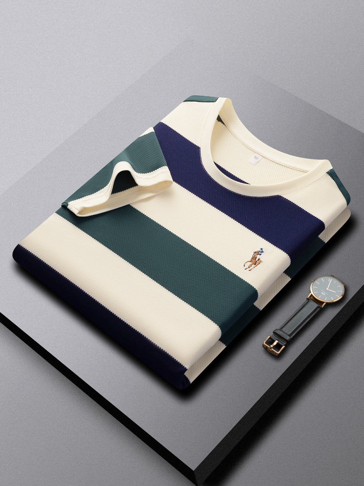 Men's Embroidered Striped Cotton T-Shirt Breathable Casual Top in Green