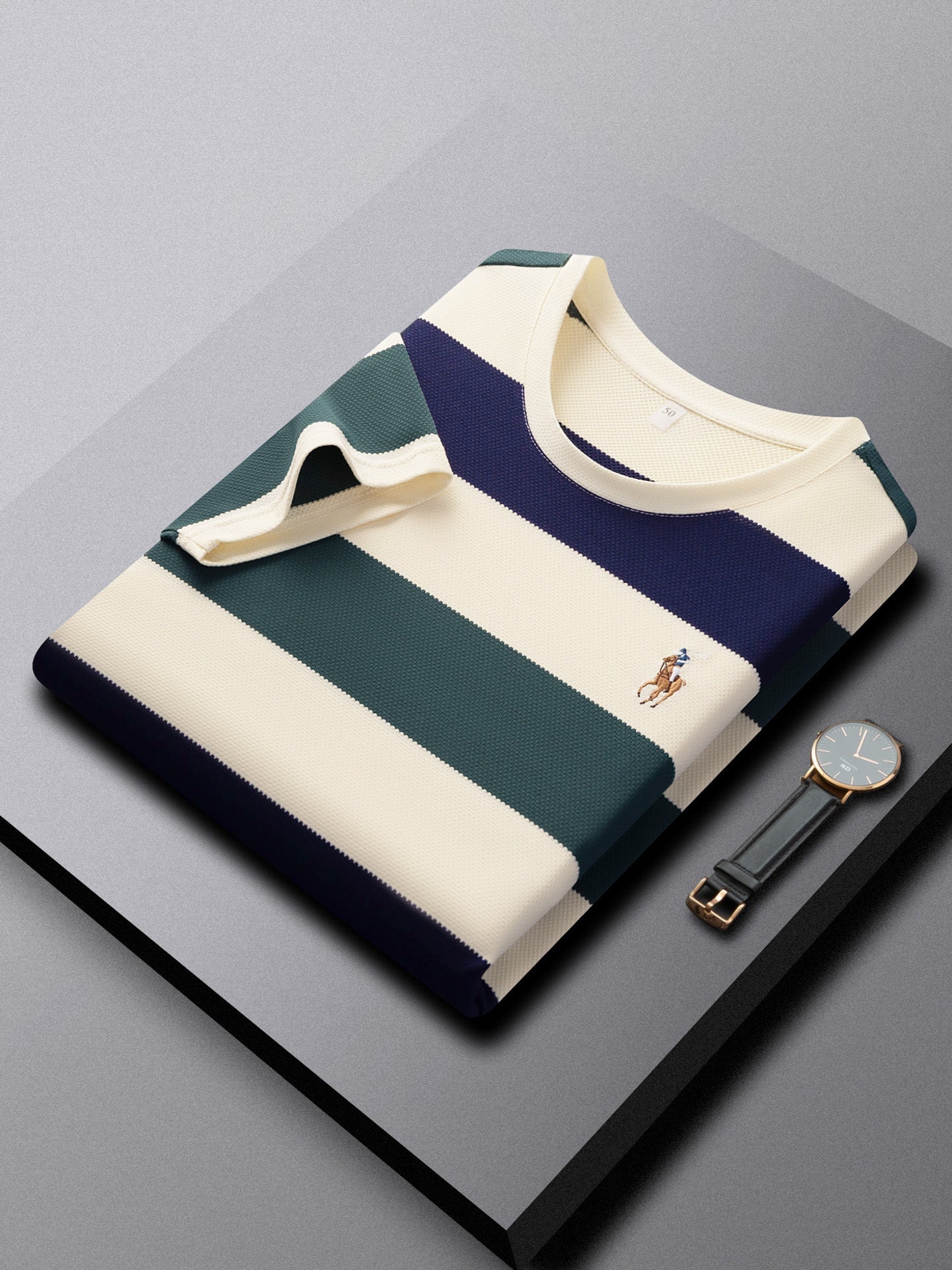Men's Embroidered Striped Cotton T-Shirt Breathable Casual Top in Green
