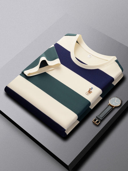 Men's Embroidered Striped Cotton T-Shirt Breathable Casual Top in Green