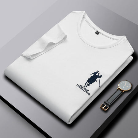 Men's Embroidered Pure Cotton Crew Neck T-Shirt Casual Top in Black