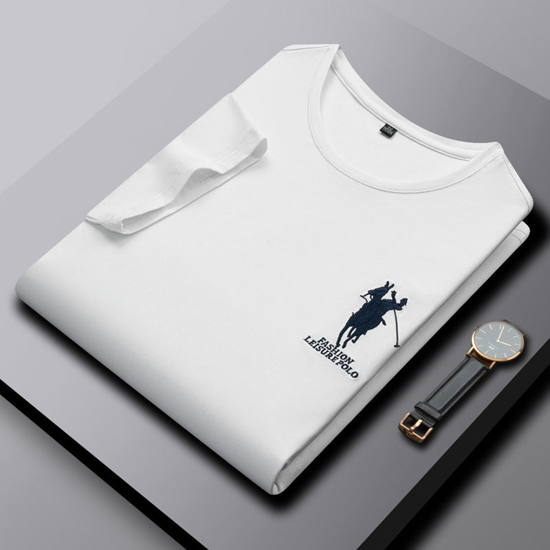 Men's Embroidered Pure Cotton Crew Neck T-Shirt Casual Top in Black