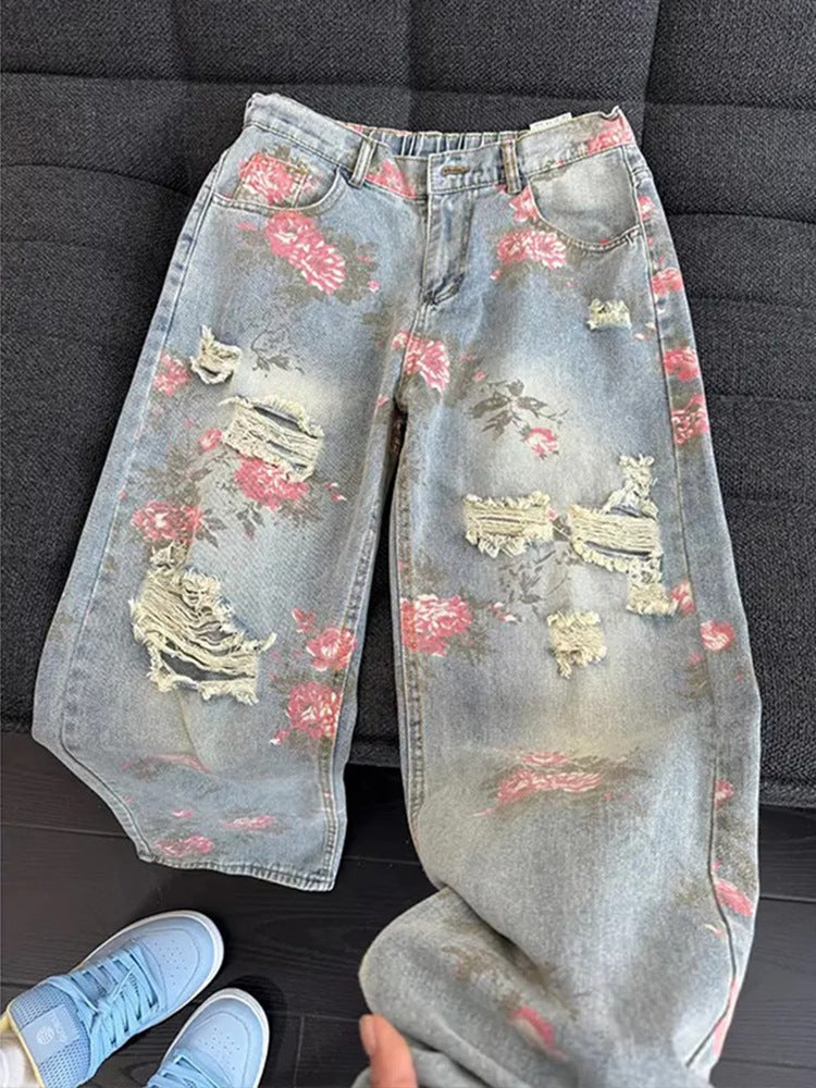 Men's Floral Print Ripped Jeans Slim Loose Straight Fit in Blue