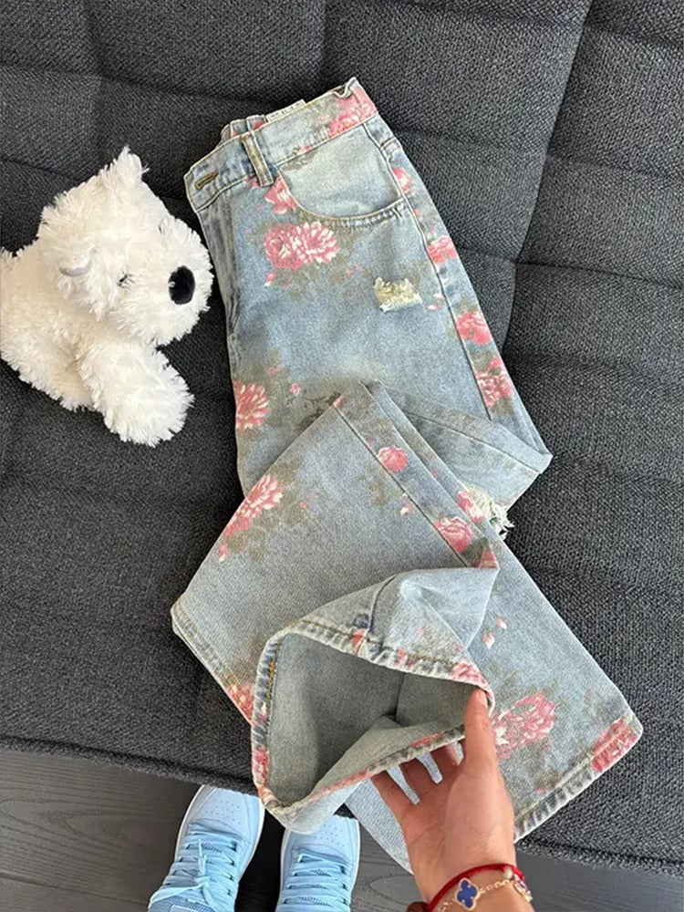 Men's Floral Print Ripped Jeans Slim Loose Straight Fit