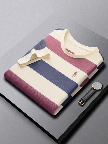 Men's Color-Block Striped Cotton T-Shirt Casual Summer Top in Red