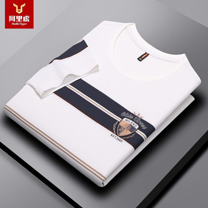 Men's Embroidered Striped Crew Neck T-Shirt Casual Summer Top