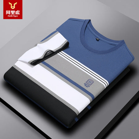 Men's Striped Crew Neck T-Shirt Moisture-Wicking Casual Top in Blue