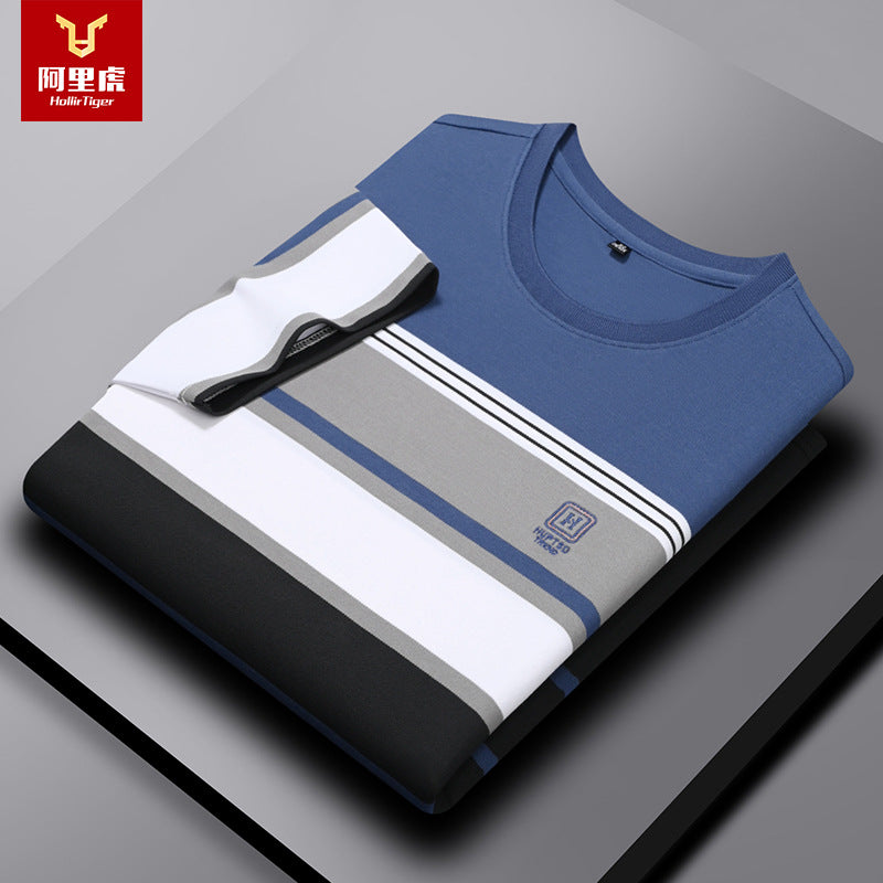 Men's Striped Crew Neck T-Shirt Moisture-Wicking Casual Top in Blue