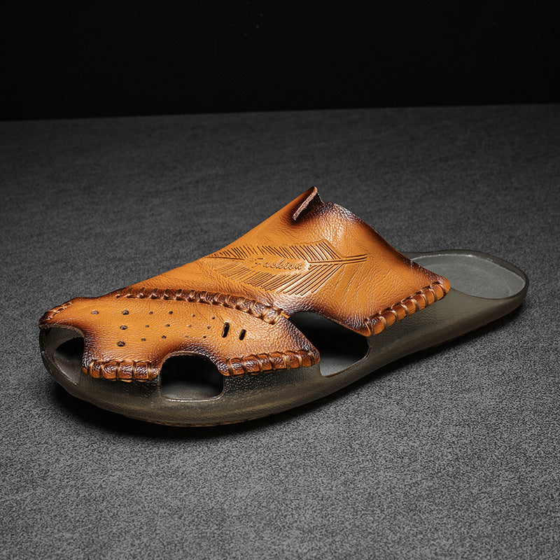 Men's Leather Slip-On Sandals Baotou Casual Summer Design in Black