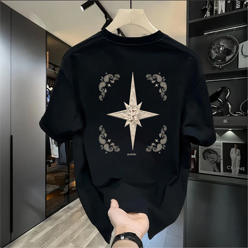 Men's Loose Fit Printed Short Sleeve Round Neck T-Shirt in Black [180G Combed Cotton]]