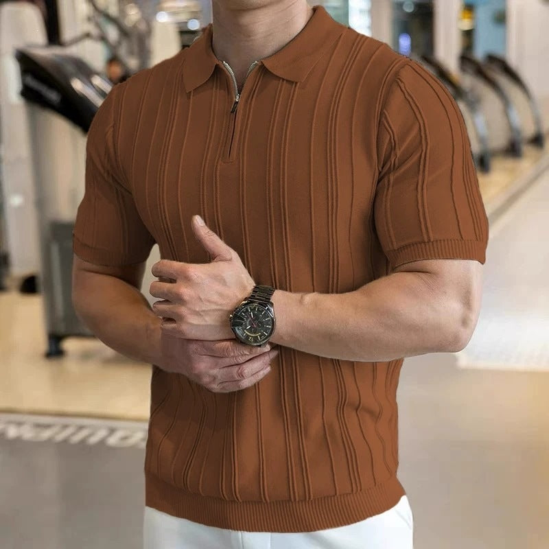 Men's Ice Silk Knit Striped Slim Fit Short Sleeve T-Shirt in White