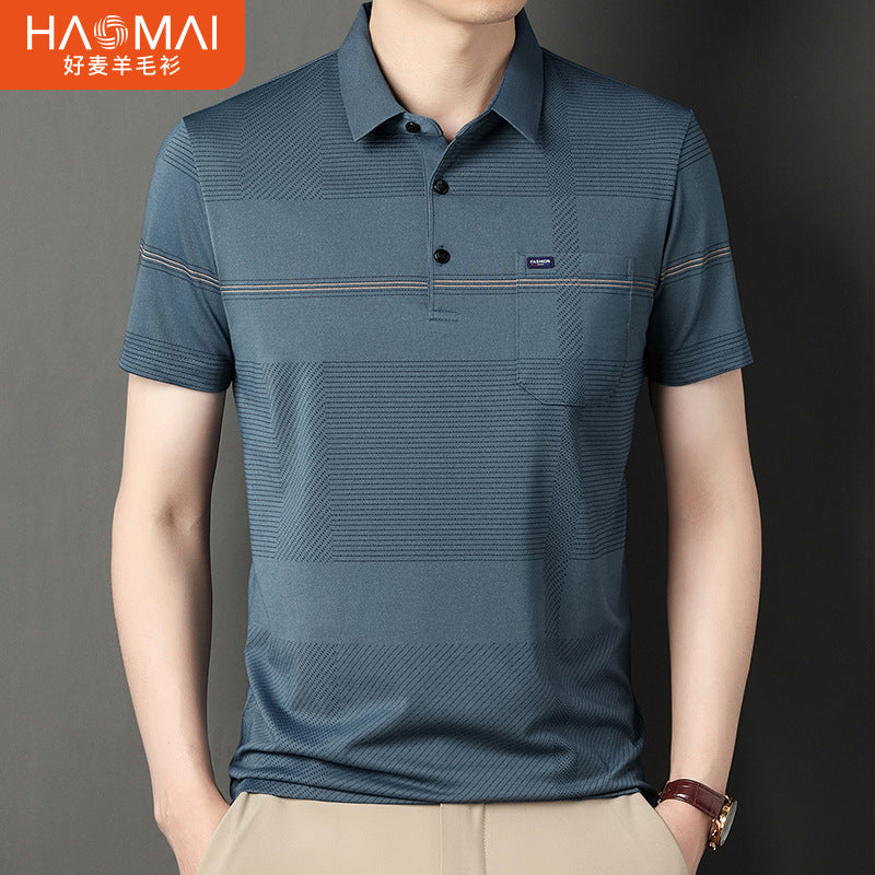 Men's Ice Silk Striped Polo Shirt Breathable Short Sleeve Top