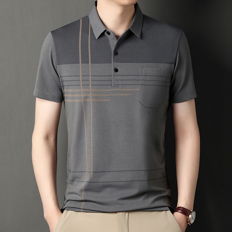 Men's Ice Silk Striped Polo Shirt Breathable Short Sleeve Top
