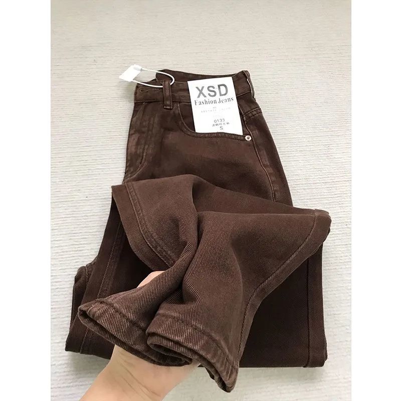 Women's High-Waist Straight Leg Jeans Vintage Brown Denim Pants