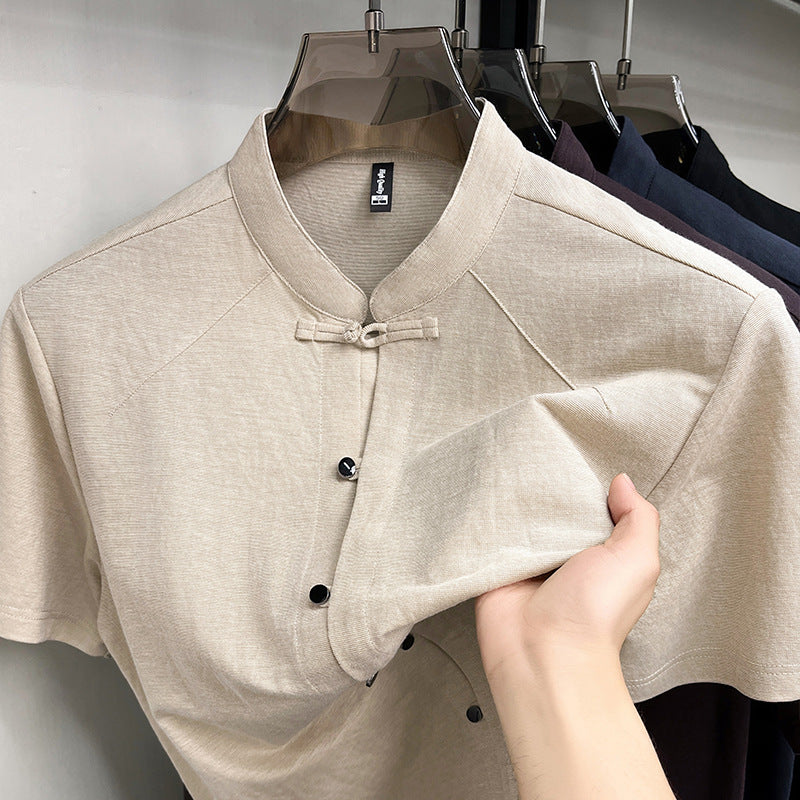 Men's Linen Blend Stand Collar Short Sleeve Chinese Style Shirt