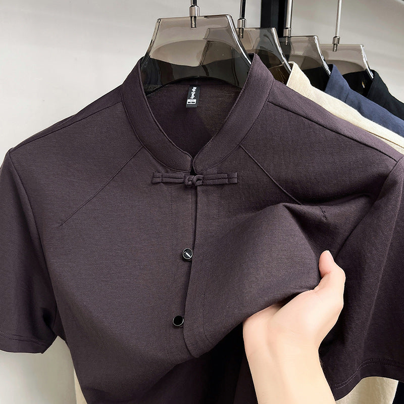 Men's Linen Blend Stand Collar Short Sleeve Chinese Style Shirt