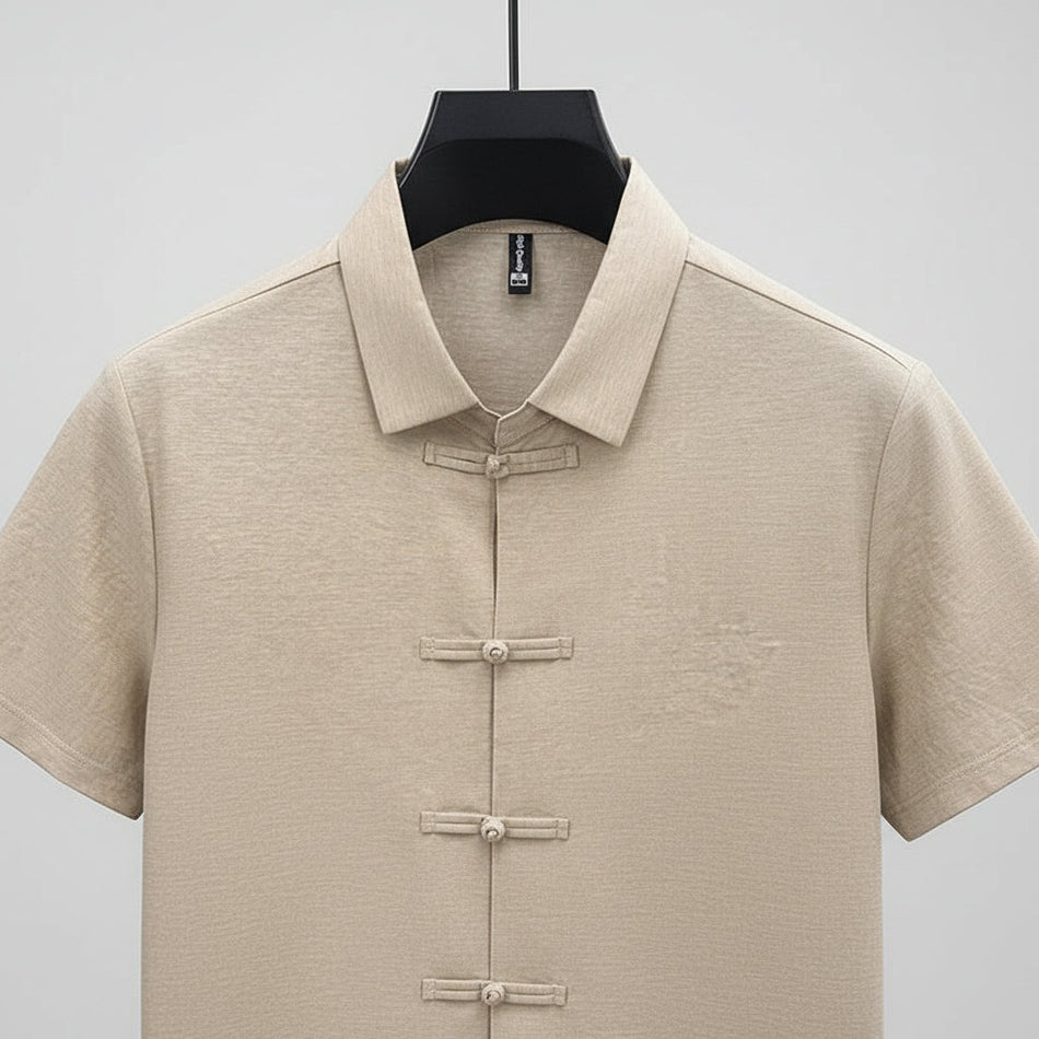 Men's Cotton Linen Short Sleeve Shirt with Lapel Collar