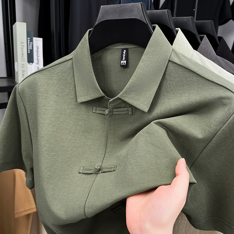 Men's Cotton Linen Short Sleeve Shirt with Lapel Collar